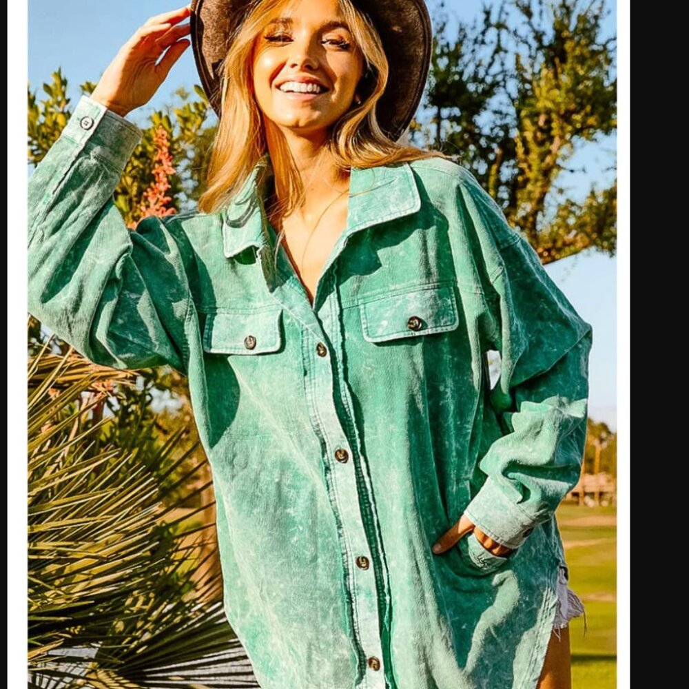 BiBi Vintage Washed Button Up Corduroy Shacket - Light Green - M